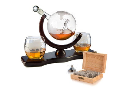 Etched World Decanter whiskey Globe - The Wine Savant Whiskey Gift Set Globe Decanter with Antique Airplane, Whiskey Stones and 3 World Map Glasses