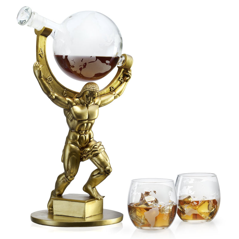 The Wine Savant Atalas Bronze World Globe Whiskey Decanter - 15" Tall - With 2 World Glasses