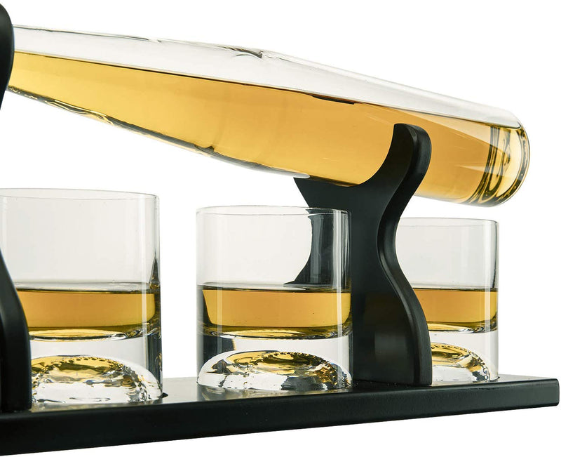 The Wine Savant Baseball Bat Whiskey Decanter Set with 4 Baseball Glasses