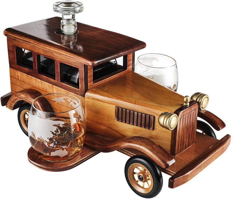 The Wine Savant Old Fashioned Car Whiskey Decanter Set with 2 Glasses