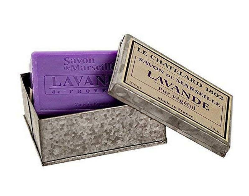 Le Chatelard 1802, French Provence Extra Gentle Lavender Bar Soap in Metal Rectangular Box (Savon Extra Doux, Lavande de Provence), 3.5 oz