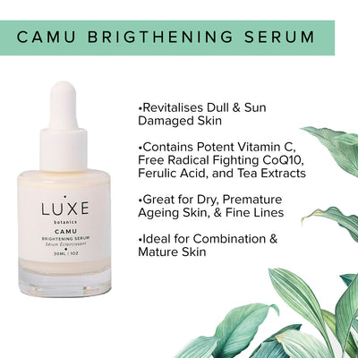 Luxe Botanics Camu Brightening Serum - Achieve a Naturally Luminous Glow - Organic Camu Camu Berry, Vitamin C, Sodium Hyaluronate, & Ferulic Acid (1oz)