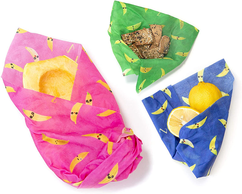 Z Wraps Multi 3-Pack, Reusable Beeswax Food Wrap and Food Storage Saver, Alternative to Plastic Wrap, Sustainable, Eco-Friendly Beeswax Food Wraps - Small, Medium, Large (Bananas - Green/Blue/Pink)