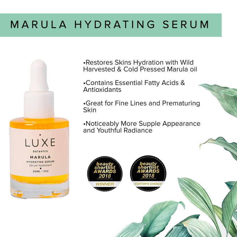 Luxe Botanics Marula Hydrating Serum - Replenishing, Restorative, and Skin Fortifying Concentrate - Marula Oil, Rosehip and Jojoba (1oz)