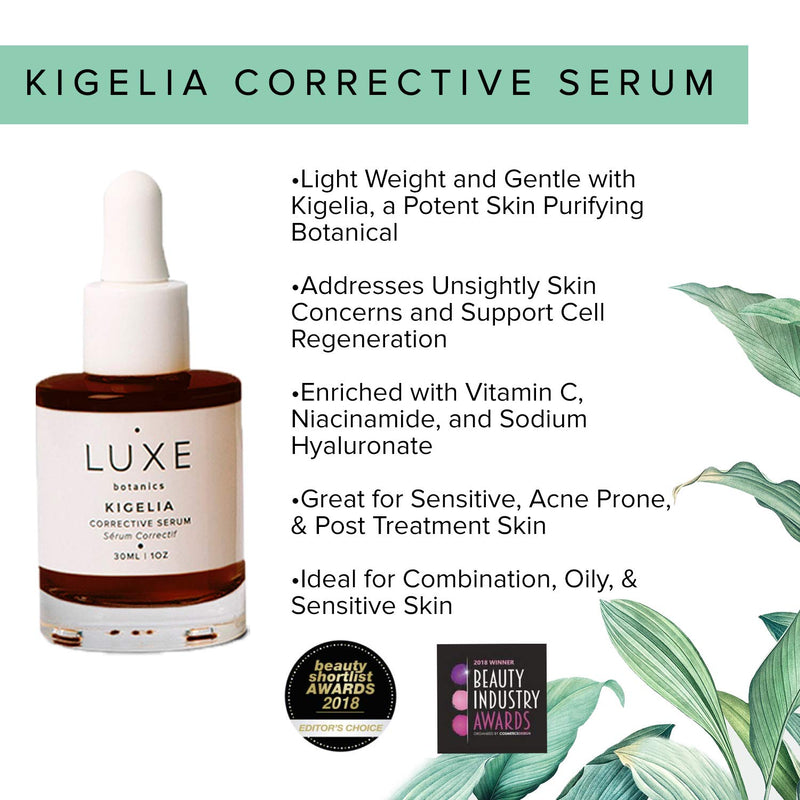 Luxe Botanics Kigelia Corrective Serum - Address Blemish & Acne Prone Skin and Support Cell Regeneration - Certified Organic Kiglelia Africana, Vitamin C, Sodium Hyaluronate (1oz)