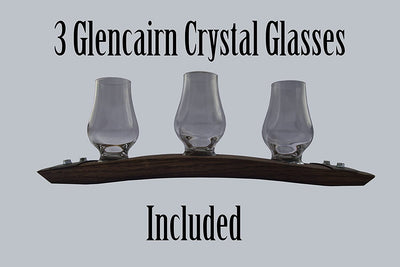 Barrel-Art Barrel Stave Premium 3 Glass Whiskey Flight Serving Tray with Glencairn Glasses, Dark Walnut