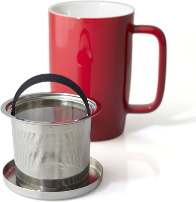 FORLIFE Dew Glossy Finish Brew-In-Mug with Basket Infuser & "Mirror" Stainless Lid 18 oz., Red