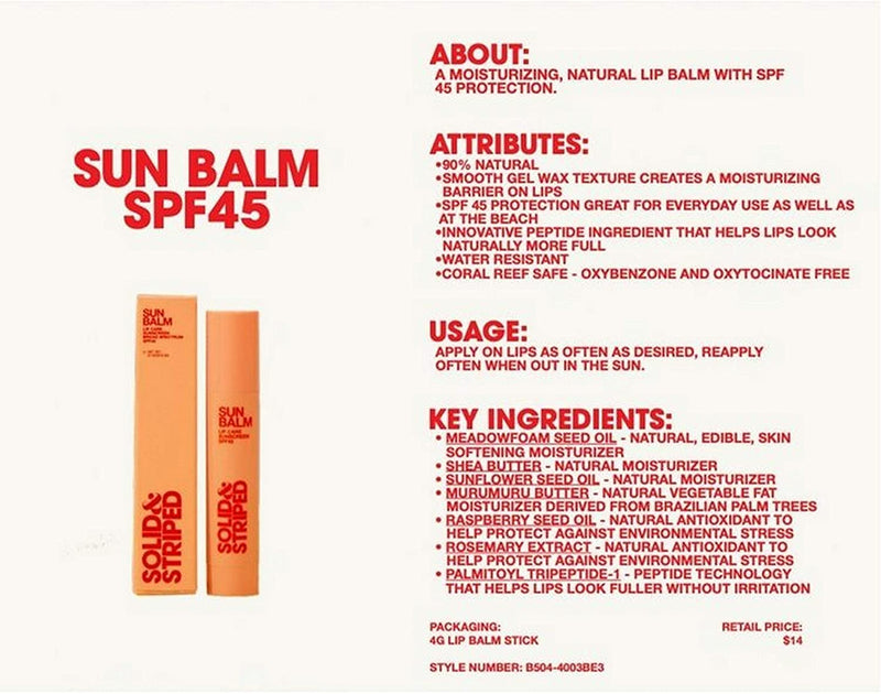 Solid & Striped Sun Balm SPF-45 Moisturizing Sun Care Lip Balm 0.12 oz