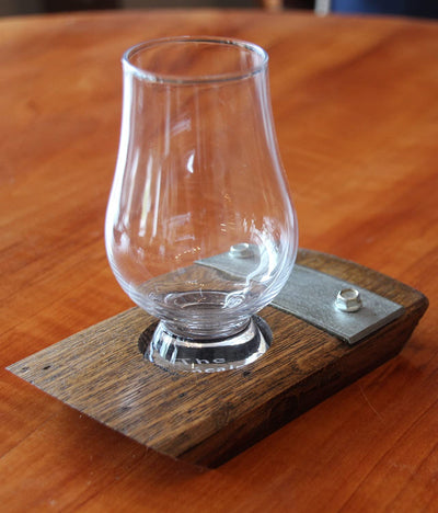 Barrel-Art Barrel Stave Whiskey Bourbon Scotch Coaster with Glencarin Glass and Galvanized Steel, Dark Walnut