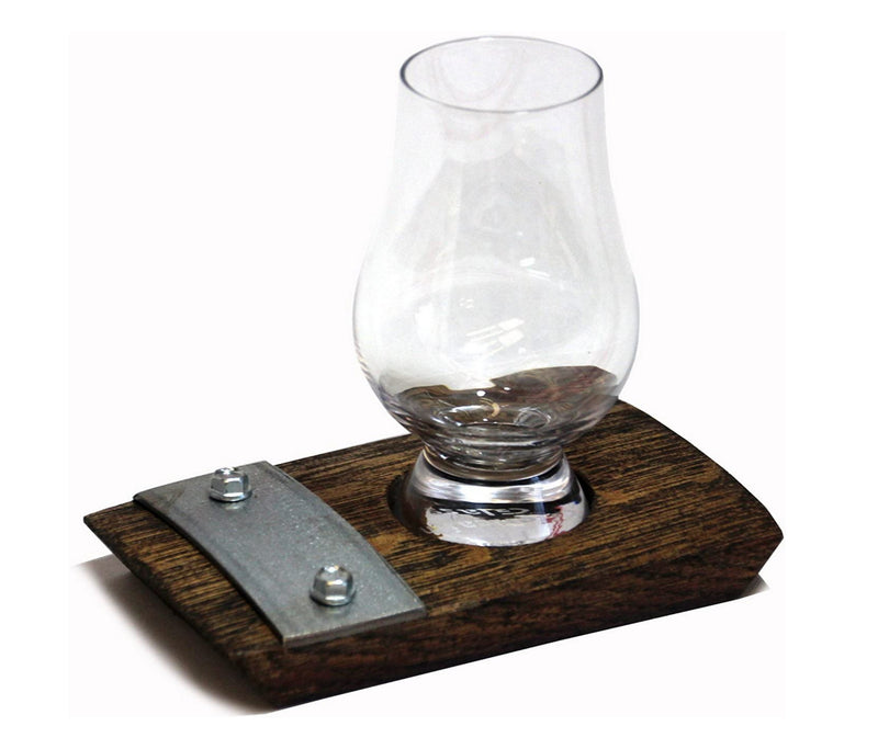 Barrel-Art Barrel Stave Whiskey Bourbon Scotch Coaster with Glencarin Glass and Galvanized Steel, Dark Walnut