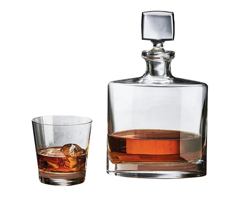 NUDE Glass Square & Rocks V - Square Whiskey Decanter and Set of 2 Rocks V Glasses