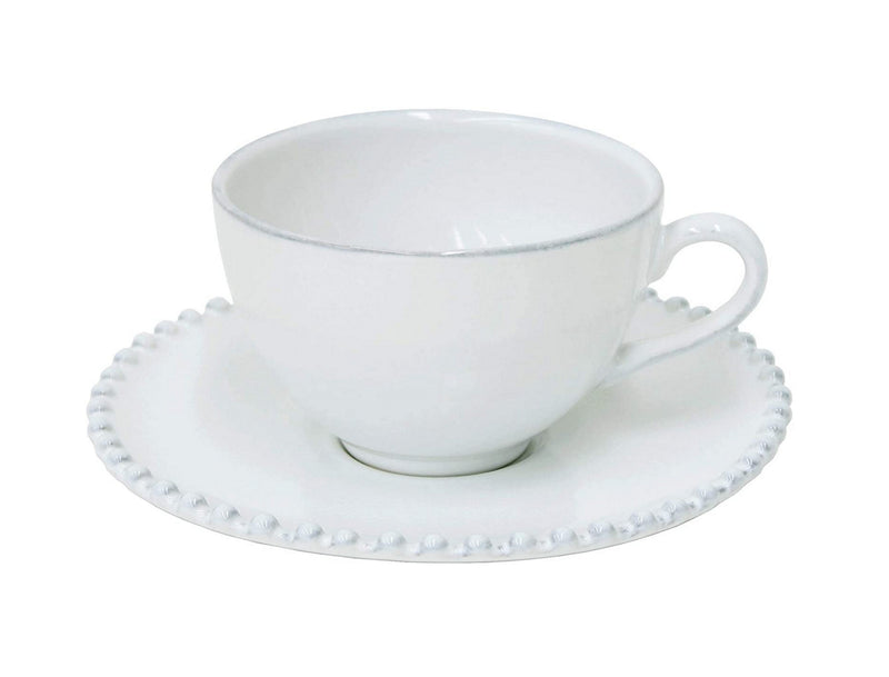 COSTA NOVA Pearl Collection Stoneware Ceramic Tea Cup & Saucer 8 oz, White