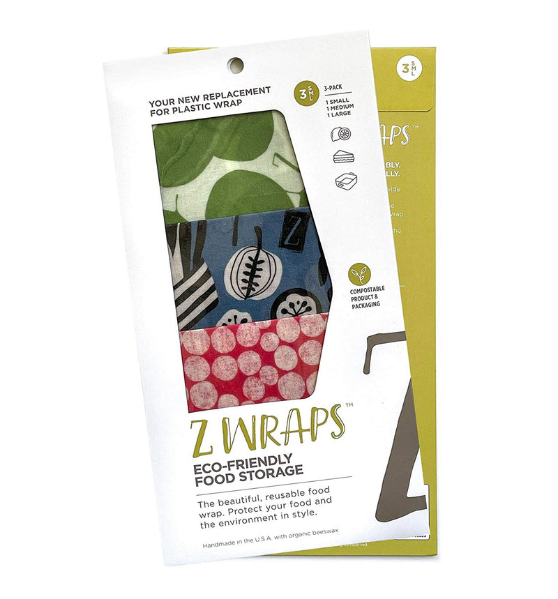 Z Wraps Multi 3-Pack, Reusable Beeswax Food Wrap and Food Storage Saver, Alternative to Plastic Wrap, Sustainable, Eco-Friendly Beeswax Food Wraps - Small, Medium, Large (Dots/Petals/Leafy)