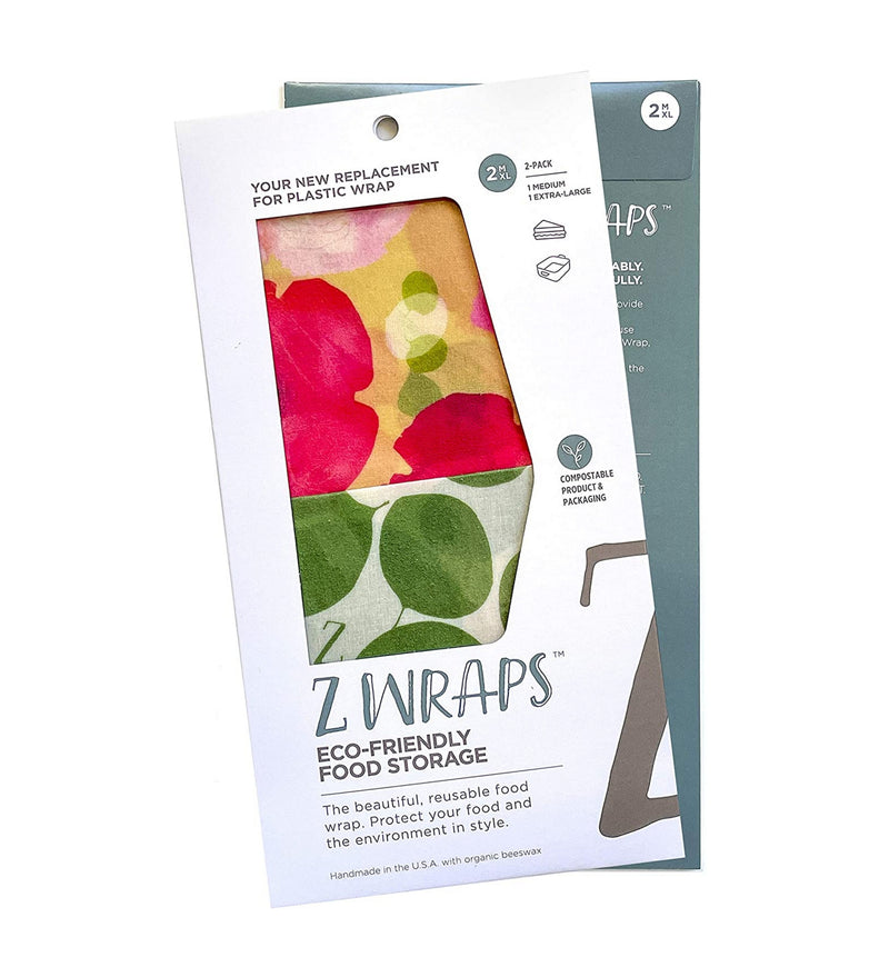 Z Wraps Multi 2-Pack, Reusable Beeswax Food Wrap and Food Storage Saver, Alternative to Plastic Wrap, Sustainable, Eco-Friendly Beeswax Food Wraps - Medium, Extra Large (Leafy/Poppy)