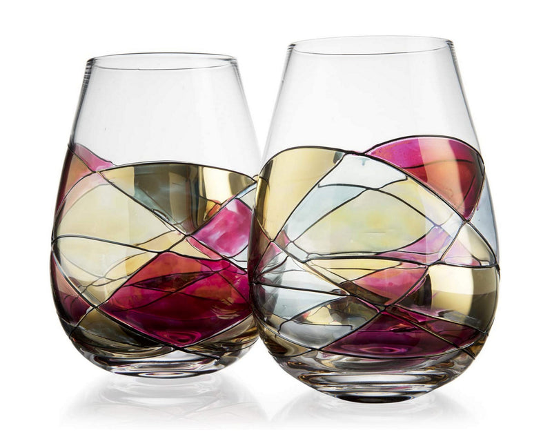 The Wine Savant Hand Painted Stemless Wine Glasses Set of 2 - Extra Large Goblets