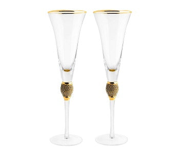 The Wine Savant Large Diamond Champagne Flutes, Glasses, With Gold Rim - Set of 2
