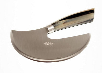 Coltelleria Saladini Exquisite Italian Cheese and Dessert Knife with Strong, High Carbon Stainless Steel Blade and Sculpted Ox Horn Handle and Olive Wood Stand Hand Forged