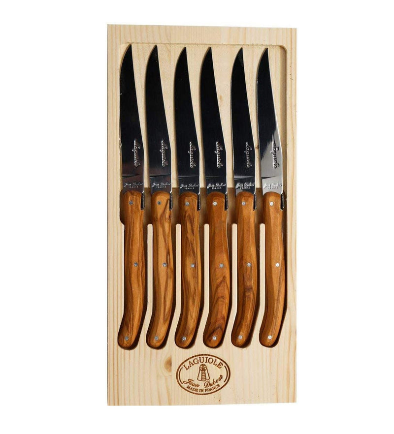 Jean Dubost 6 Steak Knives with Rustic Range Olive Wood Handles, MADE IN FRANCE