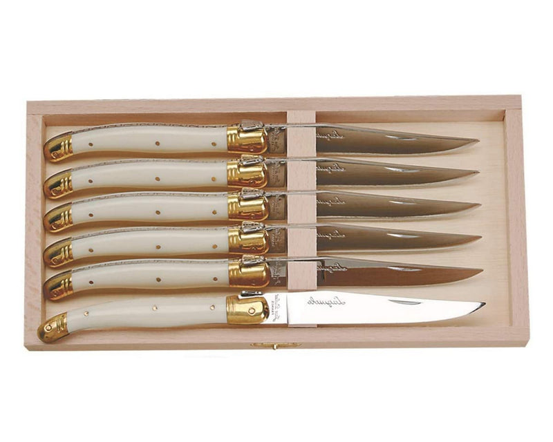 Jean Dubost 6 Steak Knives with Ivory Colored Handle in a Wood Box MADE IN FRANCE