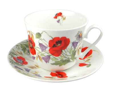 Roy Kirkham English Meadow Poppy Flower Breakfast Teacup and Saucer Set Fine Bone China