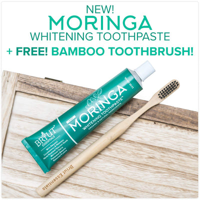 Briut Essentials MORINGA Whitening Toothpaste | 100% Organic & Natural Ingredients | Vegan | Fluoride-Free | Clinically Tested | Enamel-Safe | Includes FREE BAMBOO TOOTHBRUSH |