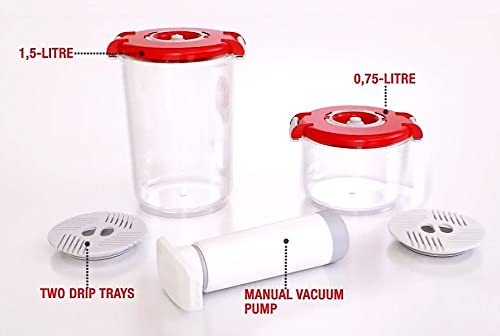 PrepSealer Vacuum Food Storage Round- 5-Piece Set -Green, BPA Free, 2 containers, 2 drip Trays,Manual Pump, Microwave, Dishwasher, Freezer Safe, Keep 4X Fresh Longer