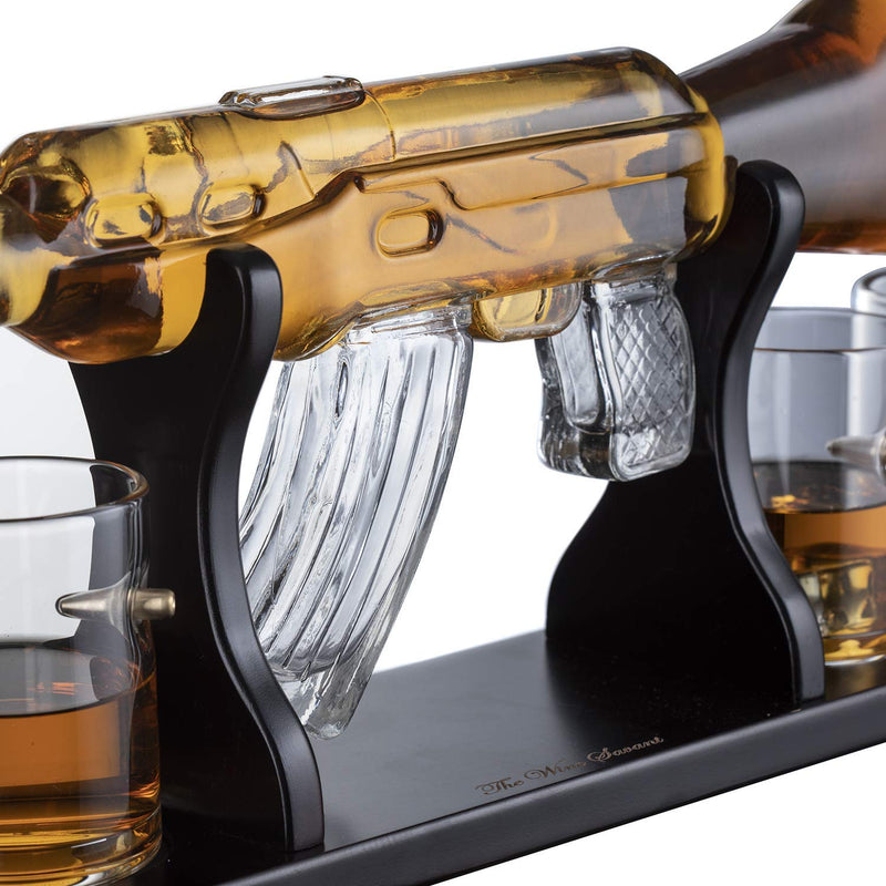 The Wine Savant Gun Large Decanter Set Bullet Glasses - Limited Edition Elegant Rifle Gun Whiskey Decanter 22.5" 1000ml With 4 Bullet Whiskey Glasses and Mohogany Wooden Base