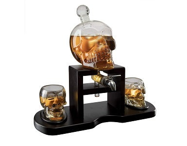 The Wine Savant Skull Whiskey Decanter Set With 2 Skull Glasses and mahogany Wooden Base